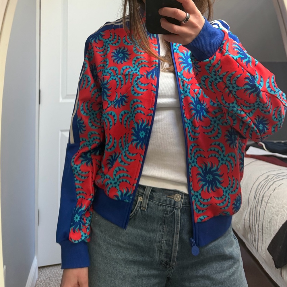 adidas Blue and Red Patterned Bomber Jacket